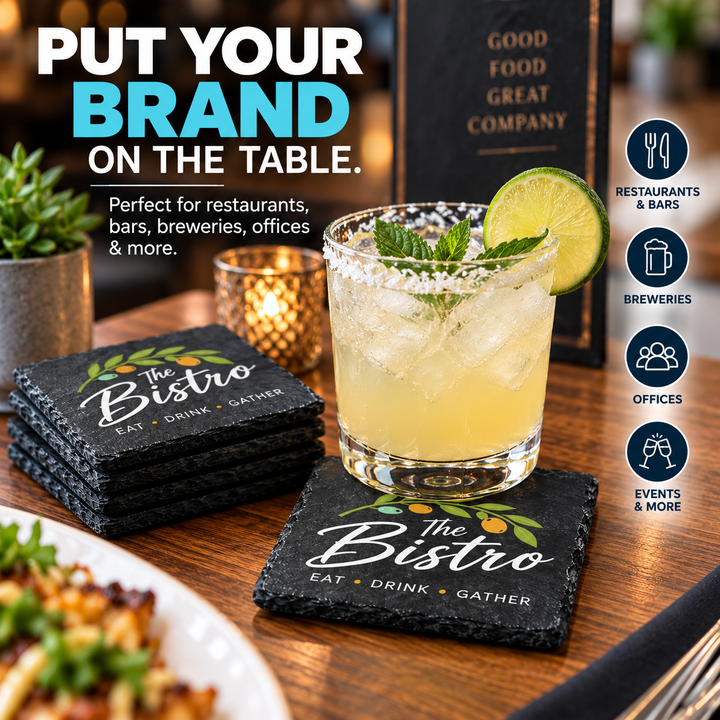 Custom Logo Slate Coasters | Full-Color UV Printed Personalized Coasters