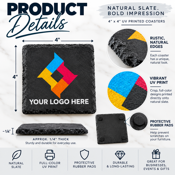 Custom Logo Slate Coasters | Full-Color UV Printed Personalized Coasters