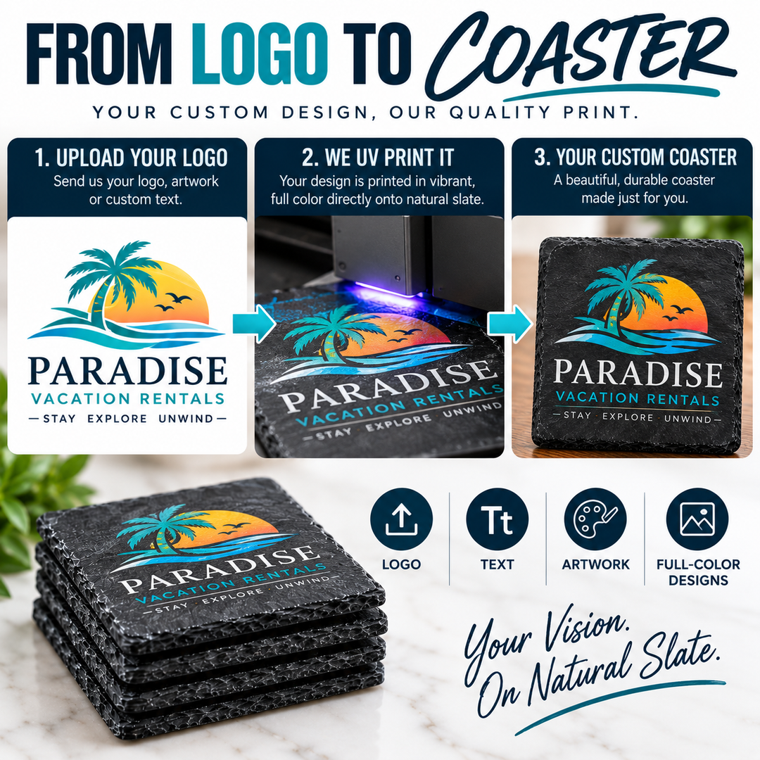 Custom Logo Slate Coasters | Full-Color UV Printed Personalized Coasters