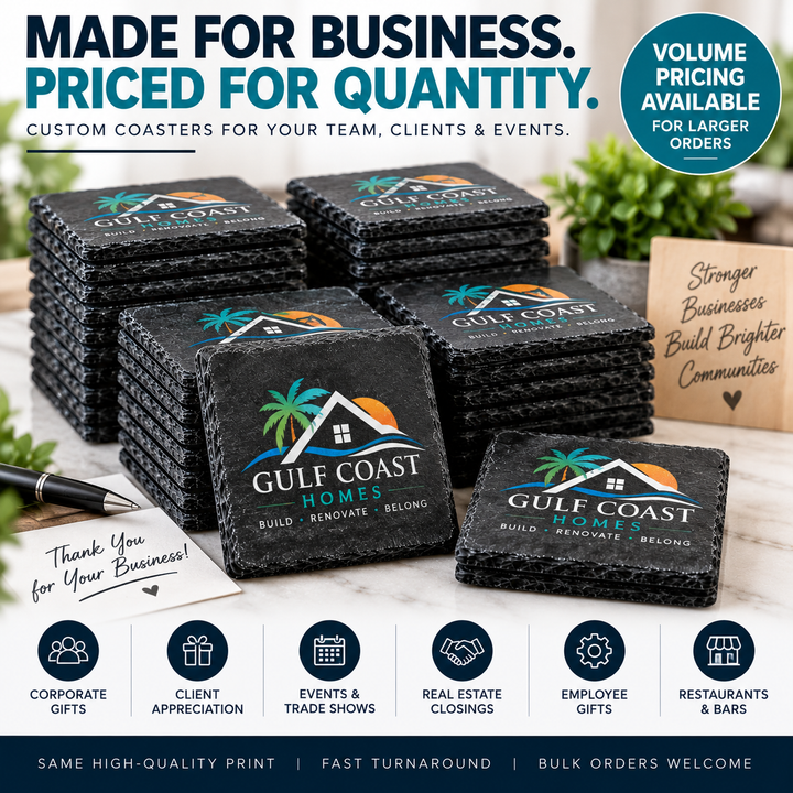 Custom Logo Slate Coasters | Full-Color UV Printed Personalized Coasters