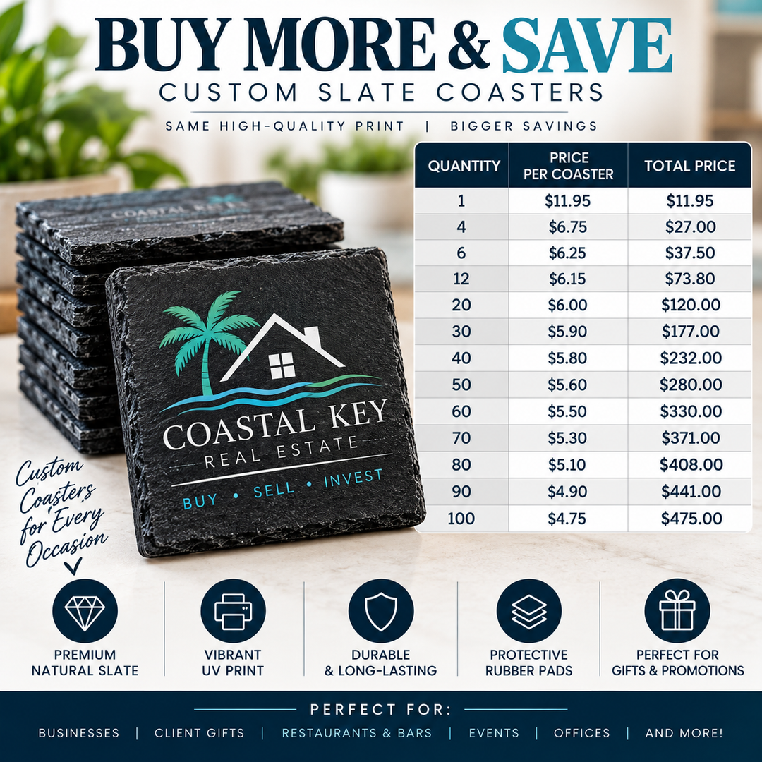 Custom Logo Slate Coasters | Full-Color UV Printed Personalized Coasters