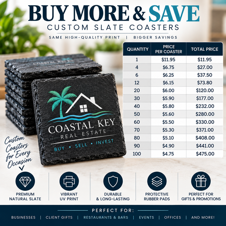 Custom Logo Slate Coasters | Full-Color UV Printed Personalized Coasters