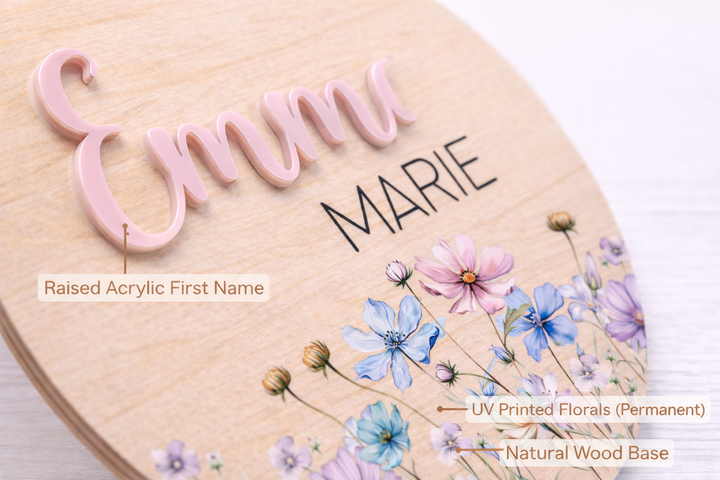 Personalized Wildflower Wooden Birth Announcement Sign with Raised Acrylic Name