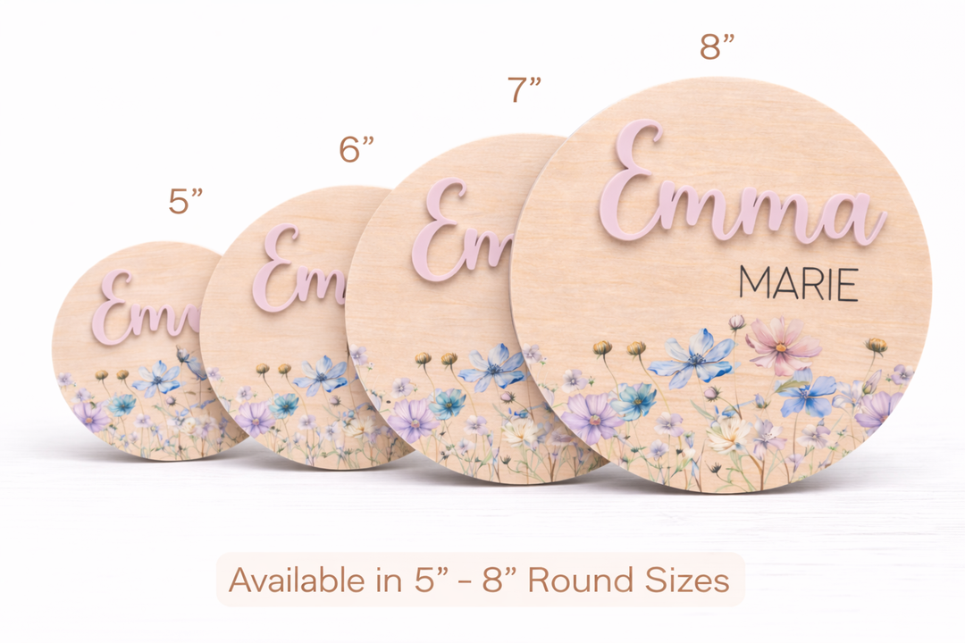 Personalized Wildflower Wooden Birth Announcement Sign with Raised Acrylic Name