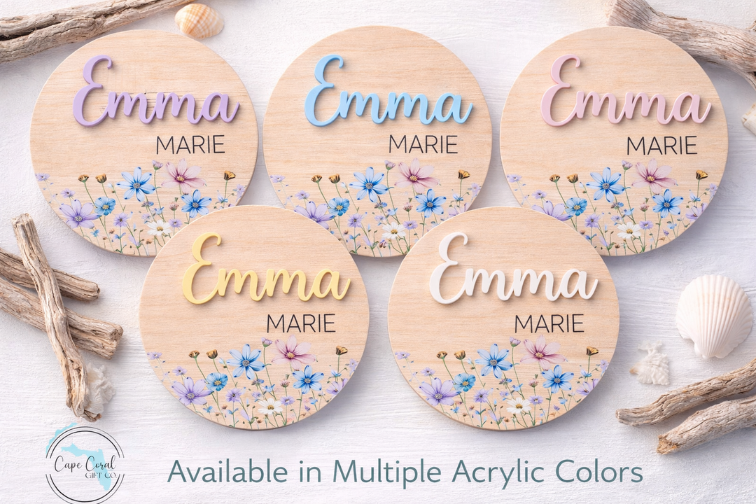 Personalized Wildflower Wooden Birth Announcement Sign with Raised Acrylic Name
