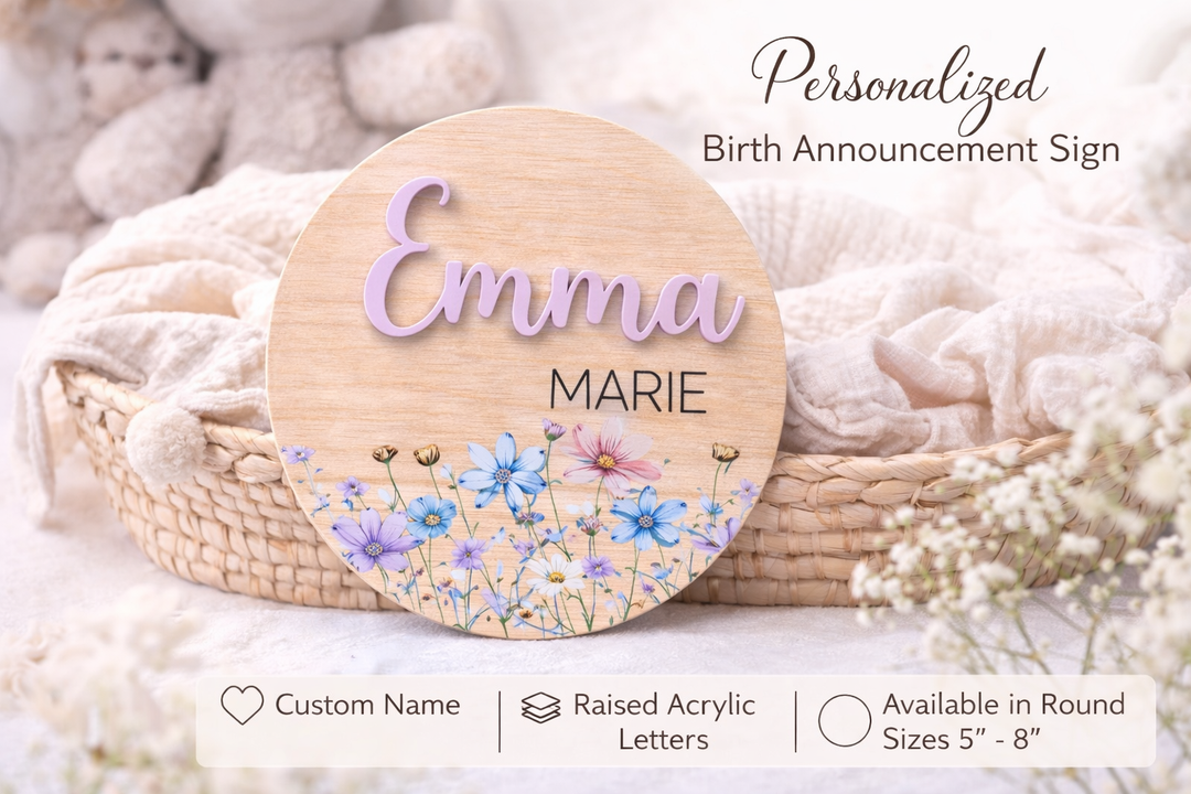 Personalized Wildflower Wooden Birth Announcement Sign with Raised Acrylic Name