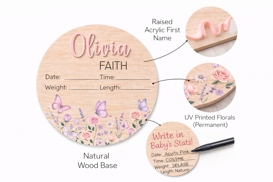 Personalized Baby Birth Stat Sign – Floral Butterfly Nursery Keepsake