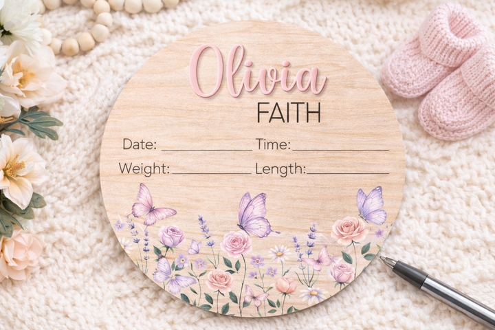 Personalized Baby Birth Stat Sign – Floral Butterfly Nursery Keepsake