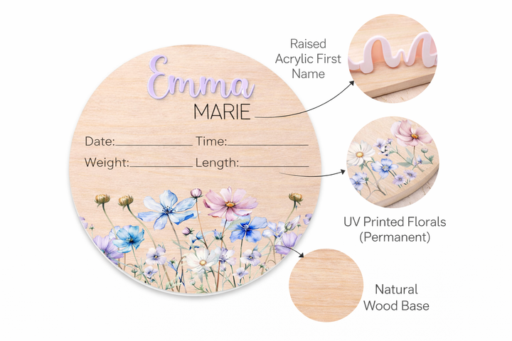 Personalized Baby Birth Stat Sign – Floral Nursery Keepsake
