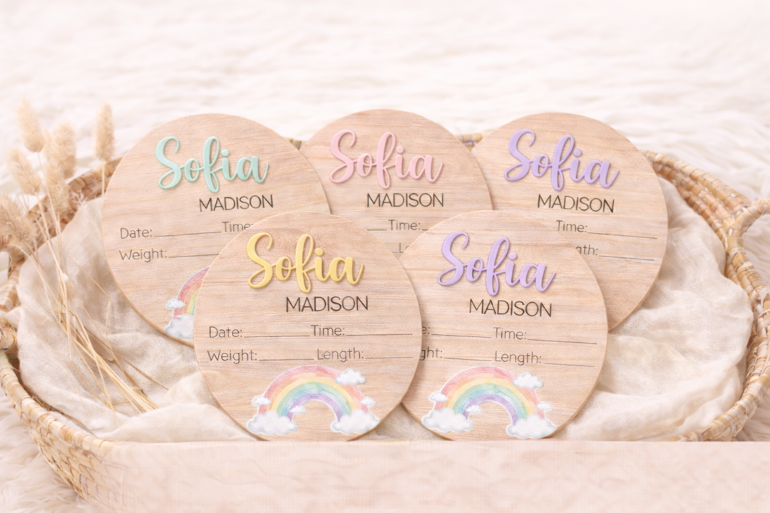 Personalized Rainbow Baby Stats Sign | Wooden Birth Details Announcement Plaque