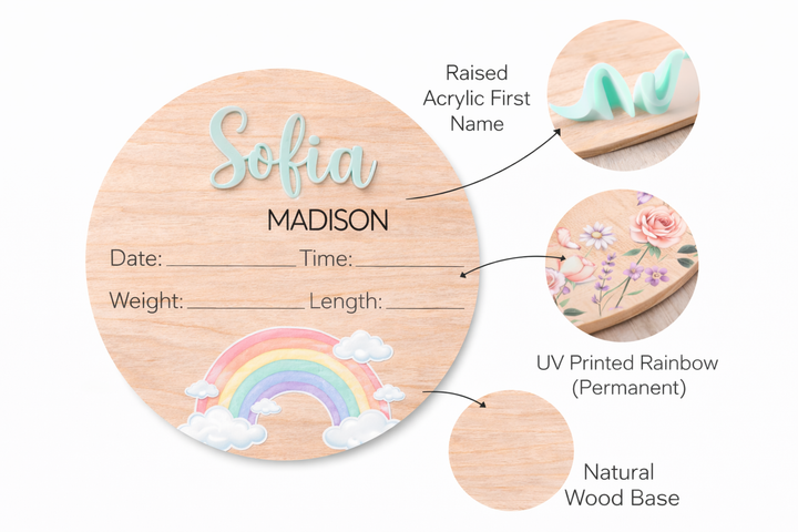 Personalized Rainbow Baby Stats Sign | Wooden Birth Details Announcement Plaque