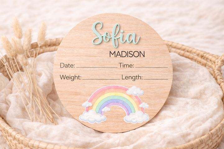 Personalized Rainbow Baby Stats Sign | Wooden Birth Details Announcement Plaque