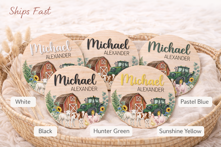 Custom Wooden Baby Name Sign | Barnyard Tractor Theme