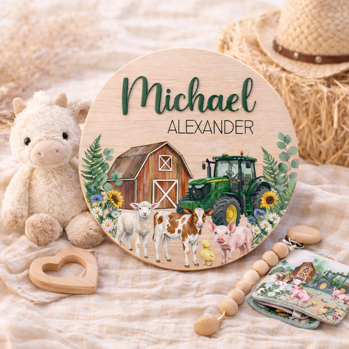 Custom Wooden Baby Name Sign | Barnyard Tractor Theme