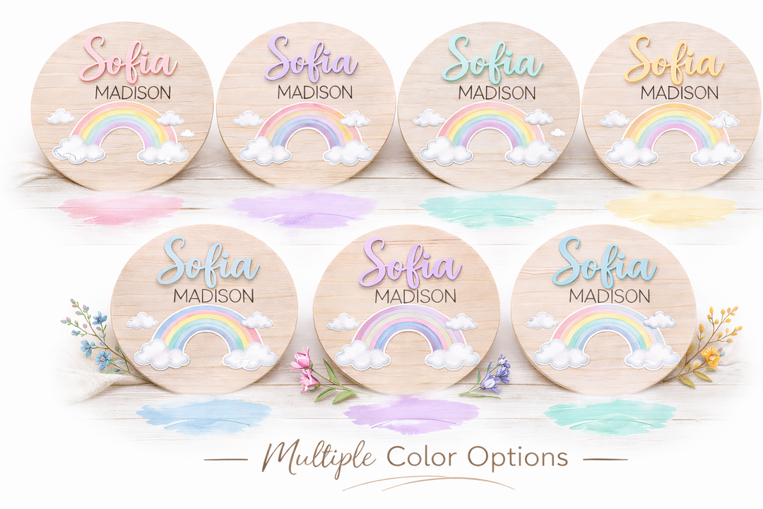 Personalized Rainbow Birth Announcement Sign | Wooden Baby Name Plaque