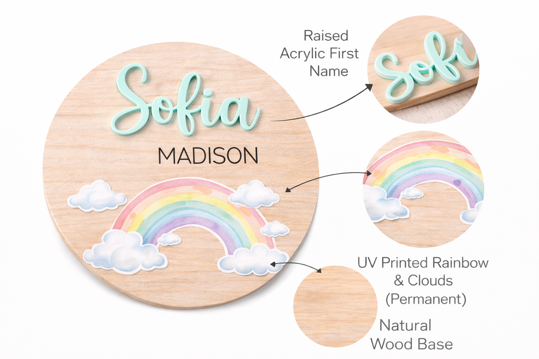 Personalized Rainbow Birth Announcement Sign | Wooden Baby Name Plaque