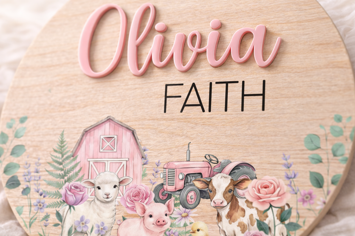 Baby Girl Barnyard Birth Announcement Plaque | Custom Wood Name Sign