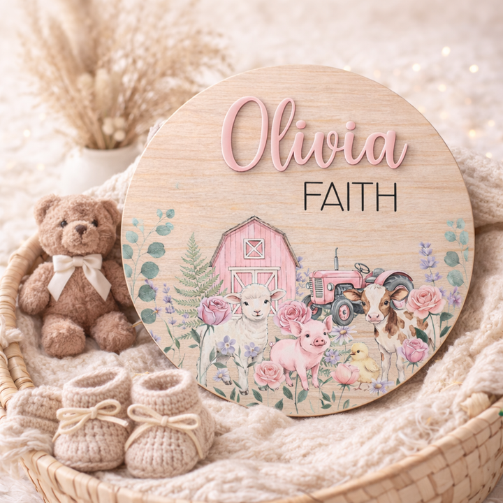 Baby Girl Barnyard Birth Announcement Plaque | Custom Wood Name Sign