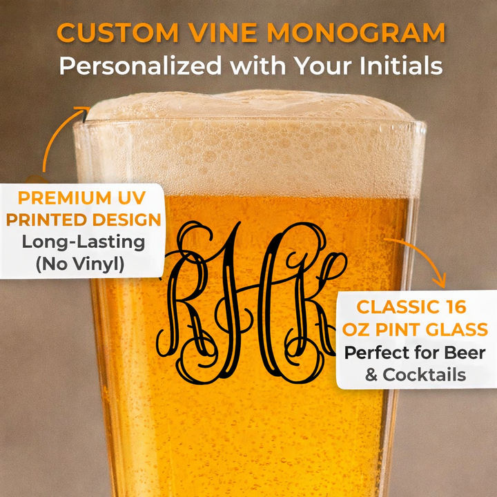 Personalized Vine Monogram Pint Glass | Custom 16 oz Beer Glass