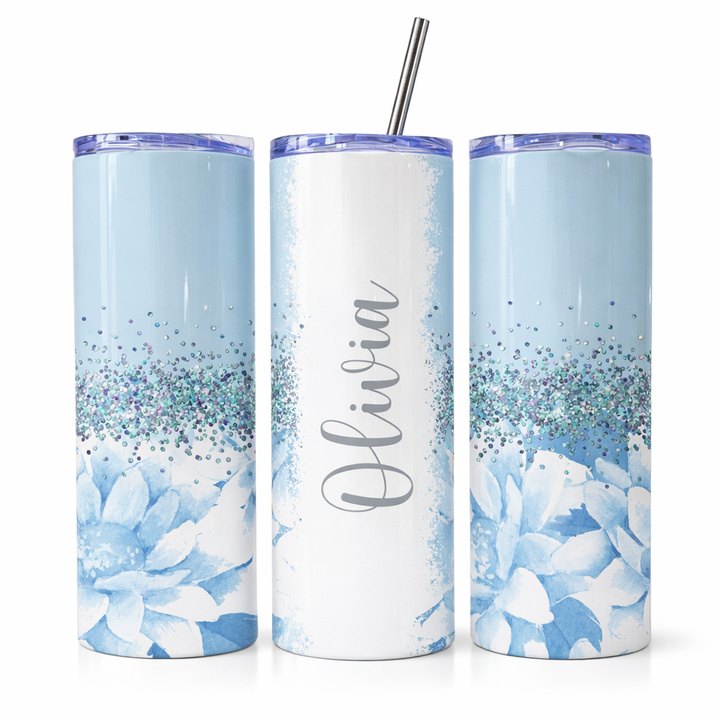 Personalized Blue Floral Tumbler – Custom Name 20 oz Skinny Tumbler