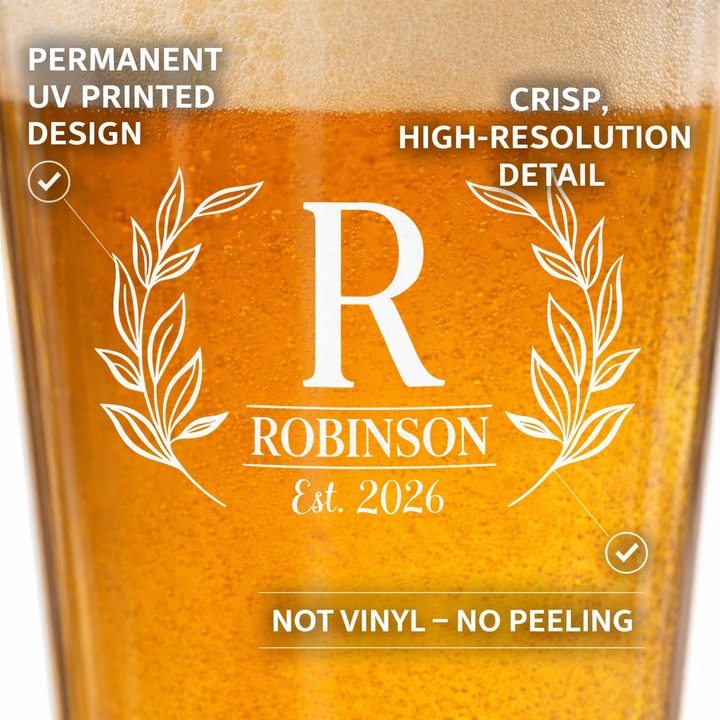 Heritage Laurel Monogram Pint Glass Set | Custom Last Name Beer Glasses