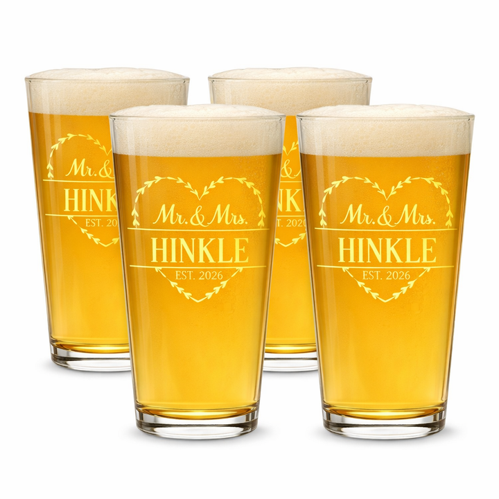 Personalized Heart Mr. & Mrs. Pint Glass Set | Custom Last Name Beer Glasses with Est. Date