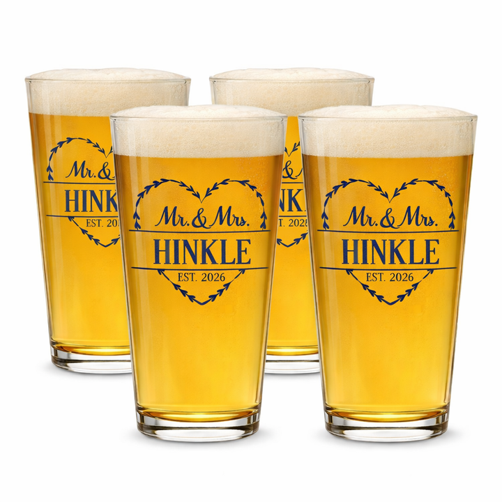 Personalized Heart Mr. & Mrs. Pint Glass Set | Custom Last Name Beer Glasses with Est. Date