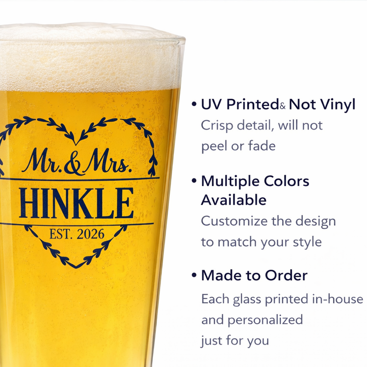 Personalized Heart Mr. & Mrs. Pint Glass Set | Custom Last Name Beer Glasses with Est. Date