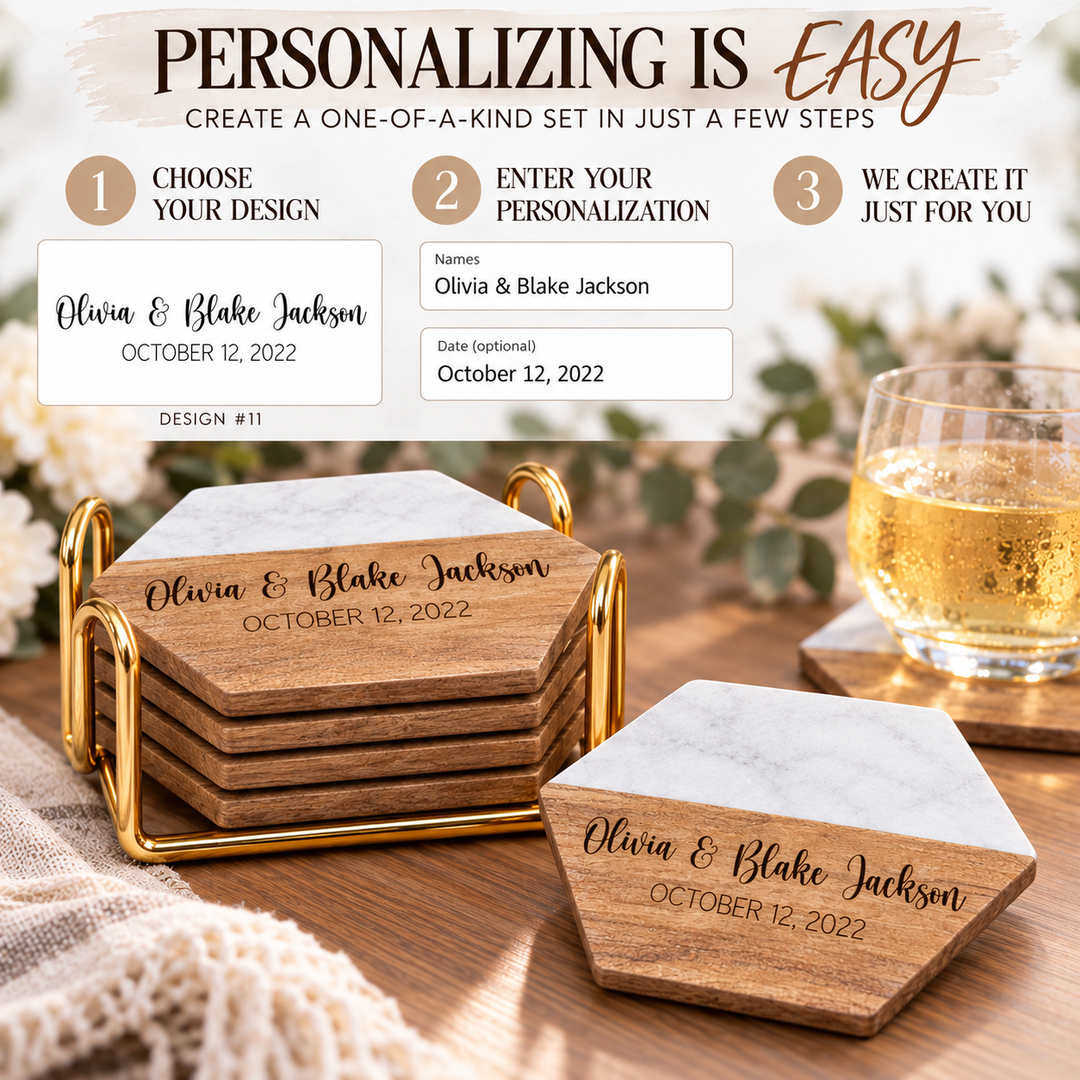 Personalized Realtor Closing Gift | Hexagon Wood & Marble Coaster Set