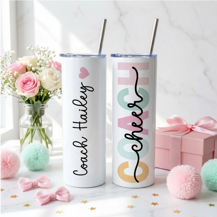 Personalized Cheer Coach Tumbler | Custom Name 20 oz Skinny Tumbler
