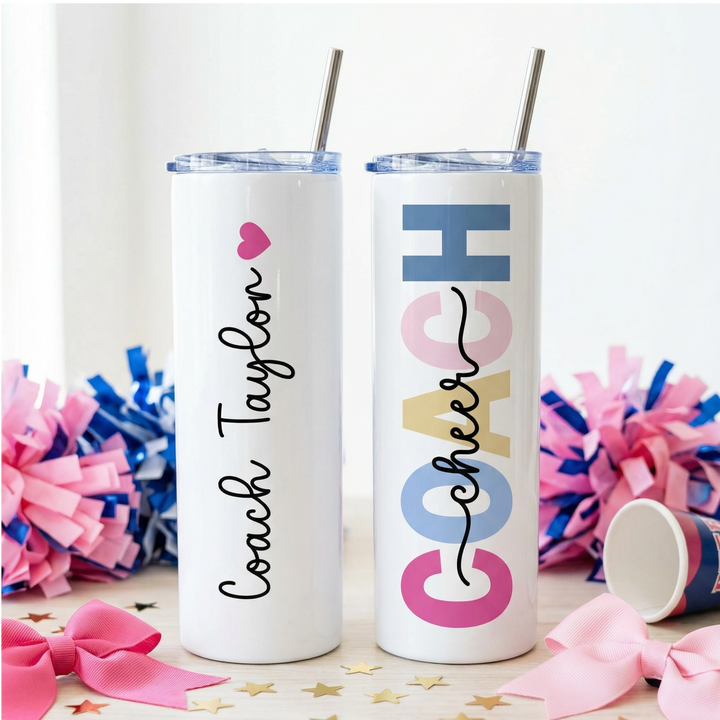 Personalized Cheer Coach Tumbler | Custom Name 20 oz Skinny Tumbler
