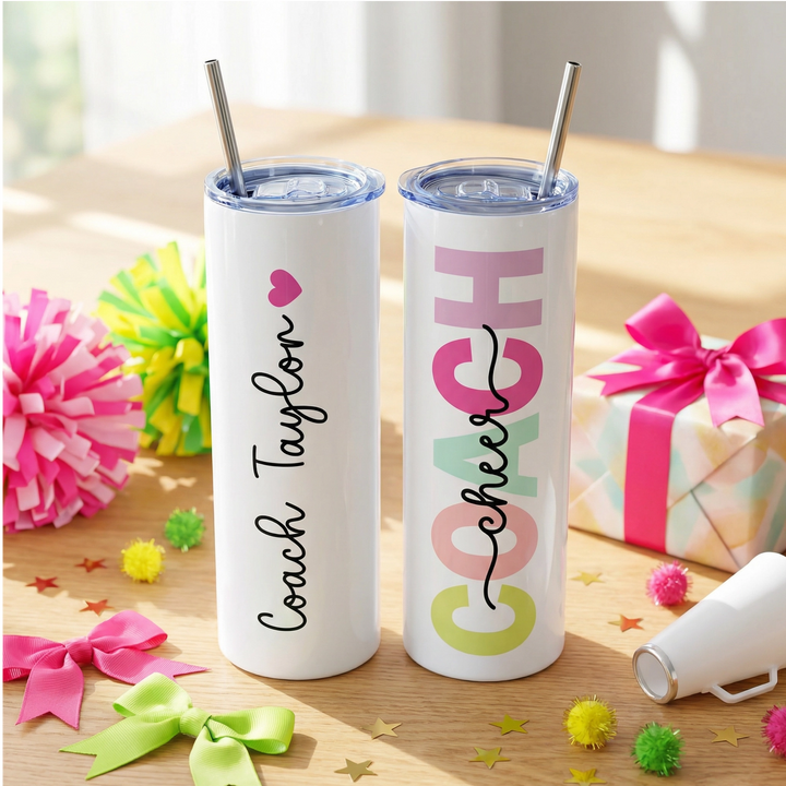Personalized Cheer Coach Tumbler | Custom Name 20 oz Skinny Tumbler