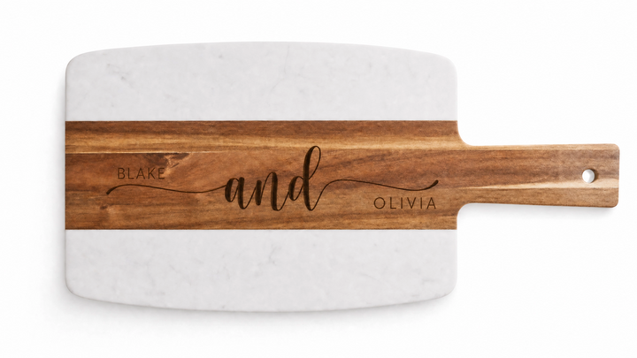 Personalized Marble & Acacia Wood Serving Board | Real Estate Closing Gift