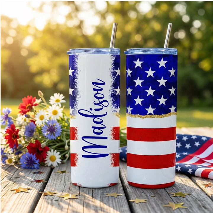 Personalized American Flag Tumbler – 20 oz Patriotic Name Cup