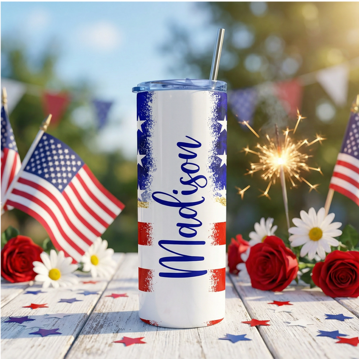 Personalized American Flag Tumbler – 20 oz Patriotic Name Cup