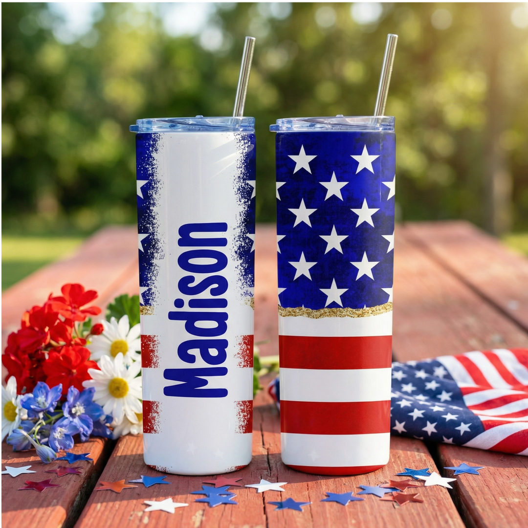 Personalized American Flag Tumbler – 20 oz Patriotic Name Cup
