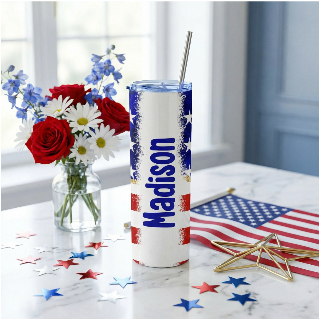Personalized American Flag Tumbler – 20 oz Patriotic Name Cup
