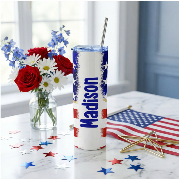 Personalized American Flag Tumbler – 20 oz Patriotic Name Cup