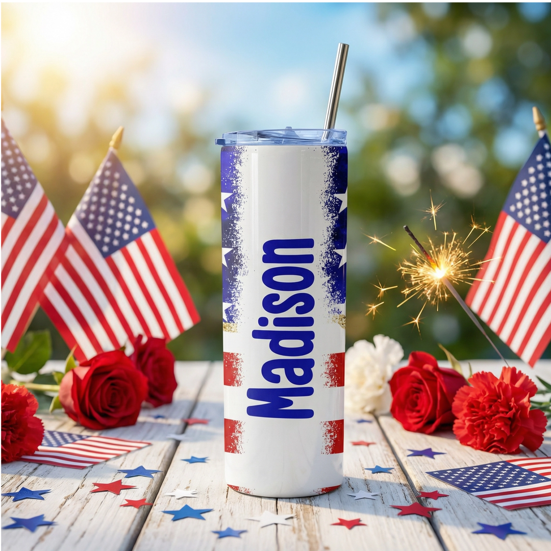 Personalized American Flag Tumbler – 20 oz Patriotic Name Cup
