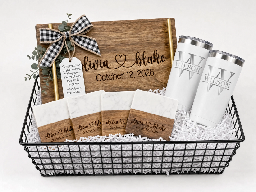 Personalized Wedding Gift Set | Engraved Serving Board, Coasters & Tumblers