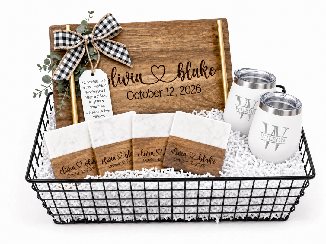 Personalized Wedding Gift Set | Engraved Serving Board, Coasters & Tumblers
