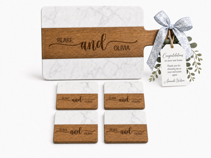 Acacia Wood & Marble Cutting Board Real Estate Closing Gift Set