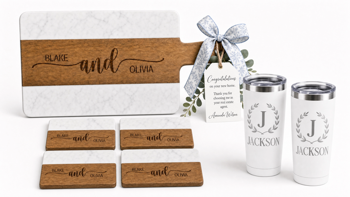 Acacia Wood & Marble Cutting Board Real Estate Closing Gift Set