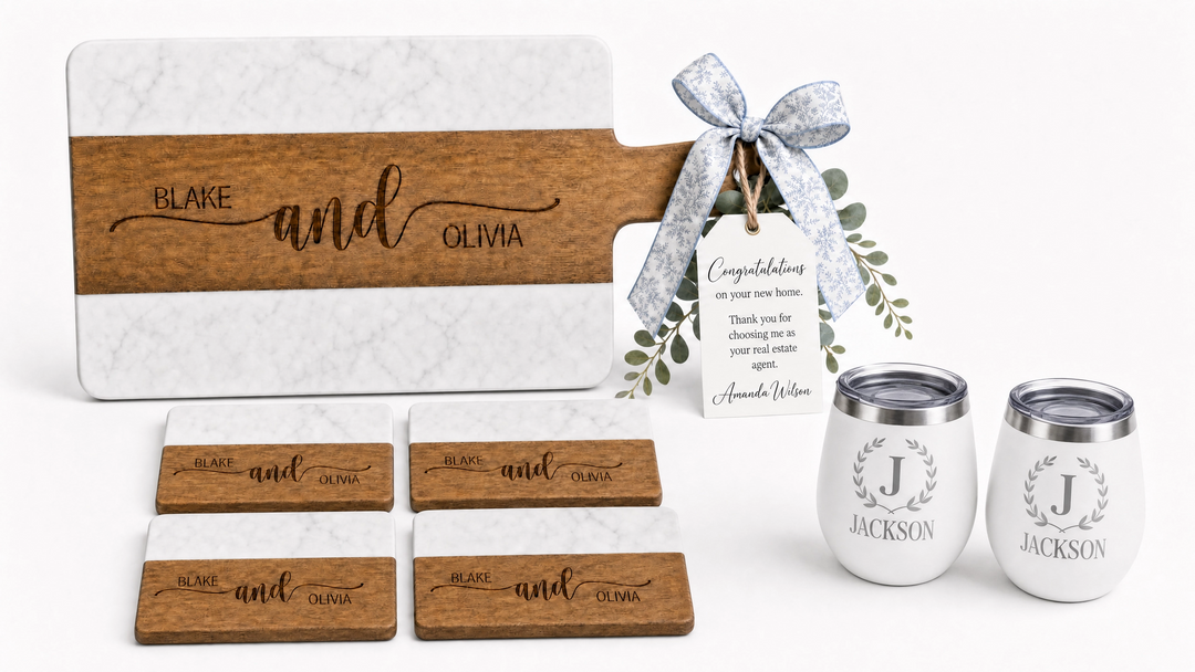 Acacia Wood & Marble Cutting Board Real Estate Closing Gift Set