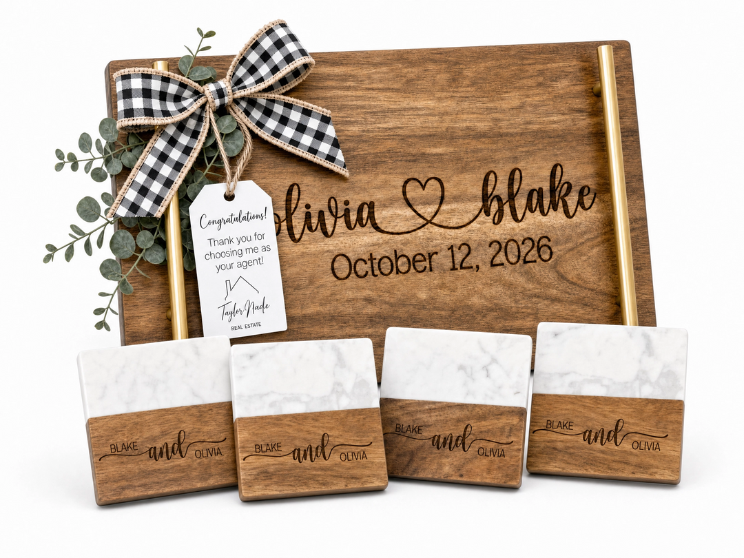 Personalized Real Estate Closing Gift Set with Gold Handle Serving Board