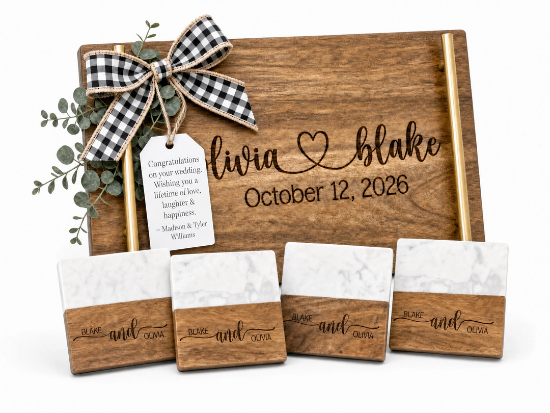 Personalized Wedding Gift Set | Engraved Serving Board, Coasters & Tumblers