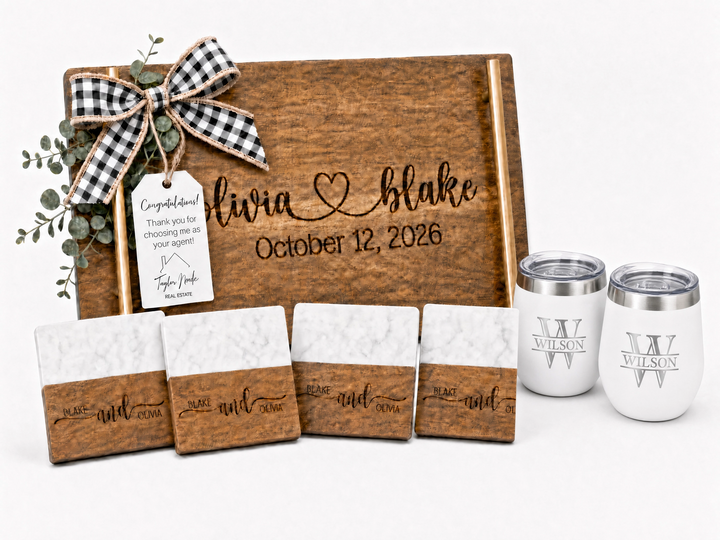 Personalized Real Estate Closing Gift Set with Gold Handle Serving Board