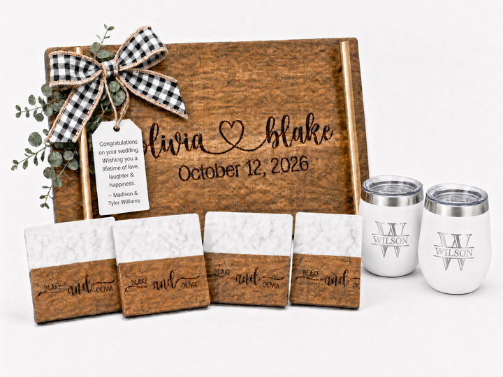 Personalized Wedding Gift Set | Engraved Serving Board, Coasters & Tumblers