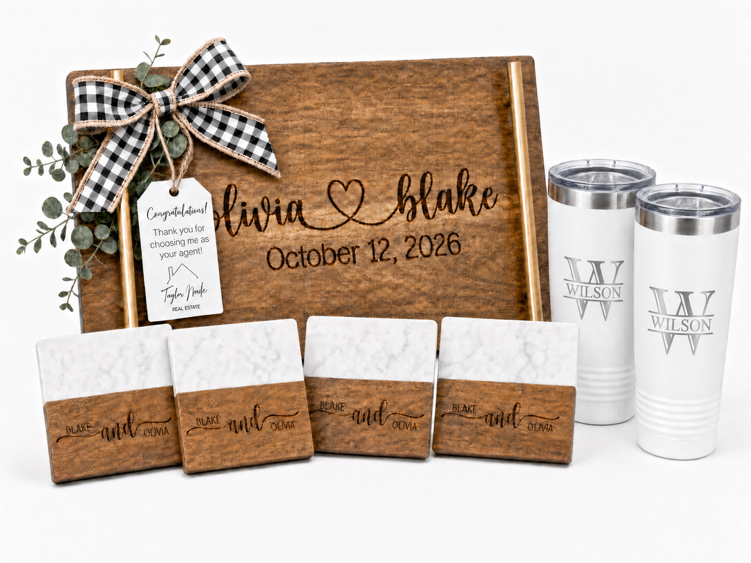 Personalized Real Estate Closing Gift Set with Gold Handle Serving Board