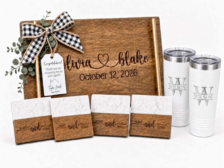 Personalized Real Estate Closing Gift Set with Gold Handle Serving Board